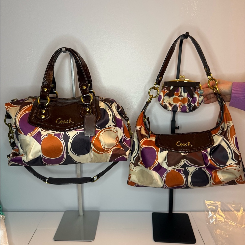 Coach Signature Print Bag Set in Purple, Orange, and Brown